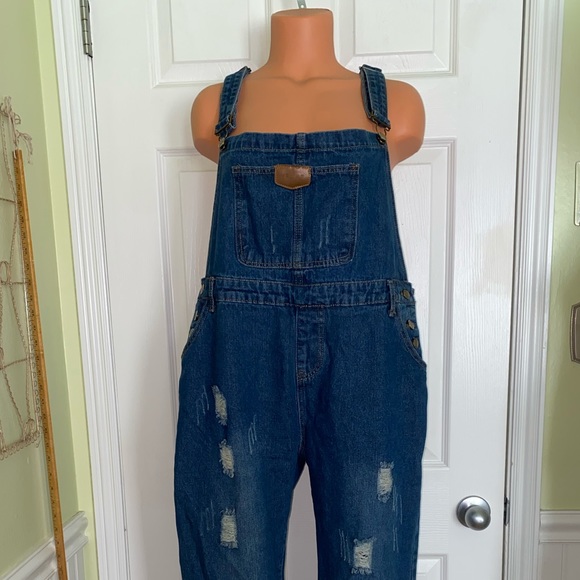 BASE GIRL NEW JENS Blue Distressed Overalls XL - Picture 2 of 14